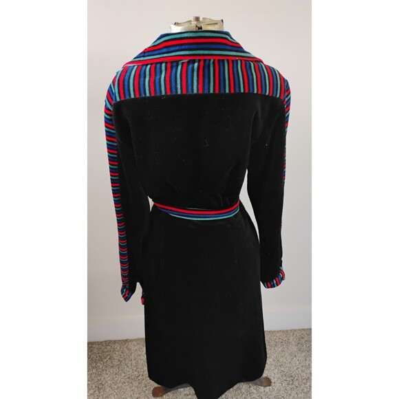 Vtg Velour Shirt Dress, 1970s Multi-color Stripe Trim Belted Zip Front Sz M/L - Picture 5 of 9